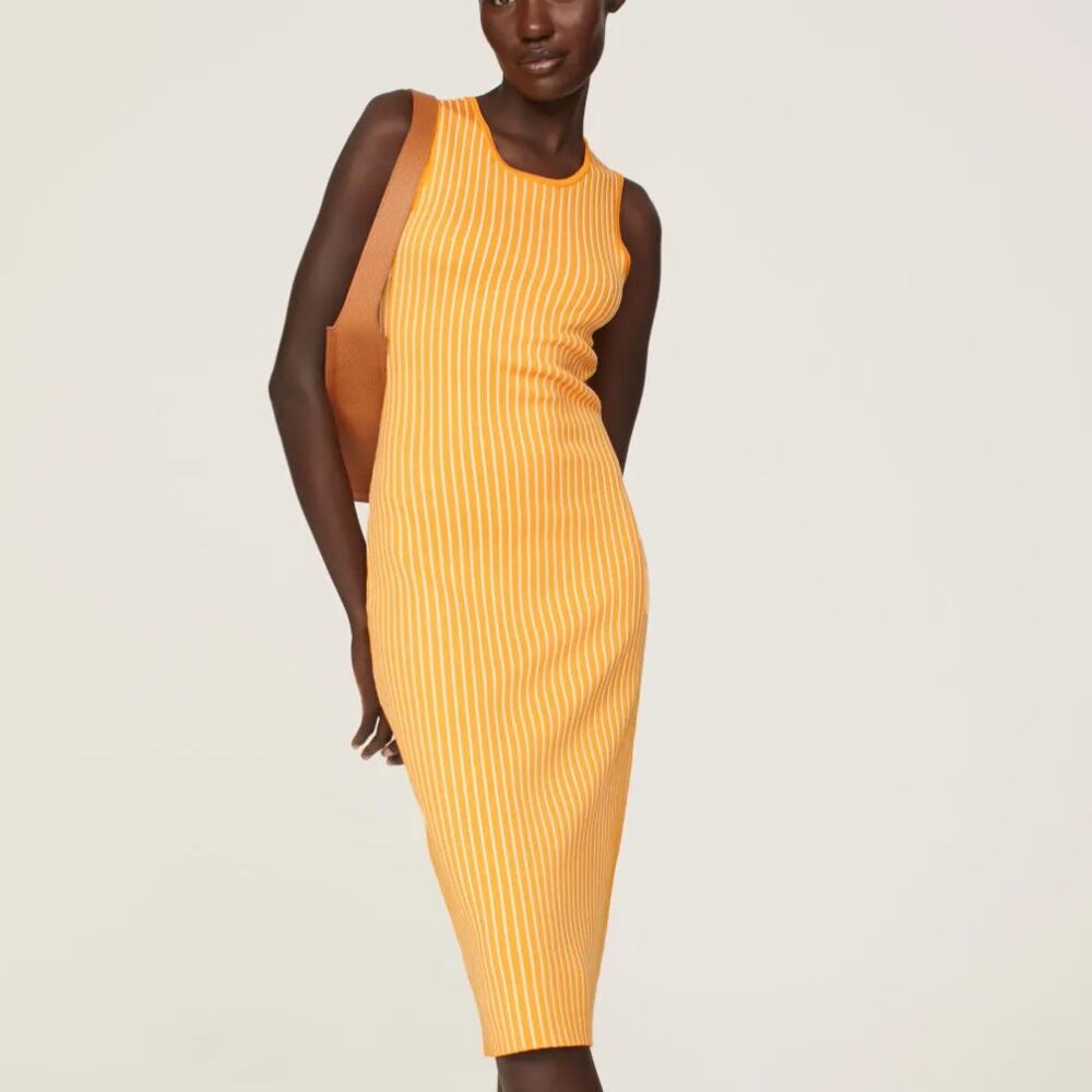 Jason Wu Mustard Striped Ribbed Knit Midi Dress XS Bodycon Tank Designer $275
